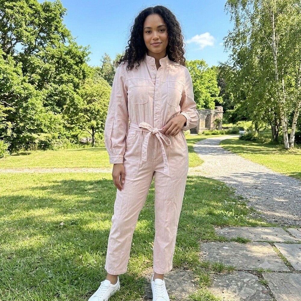 Old Navy Pink Long Sleeve Utility Jumpsuit Small 100% Cotton Boho Cargo Blush